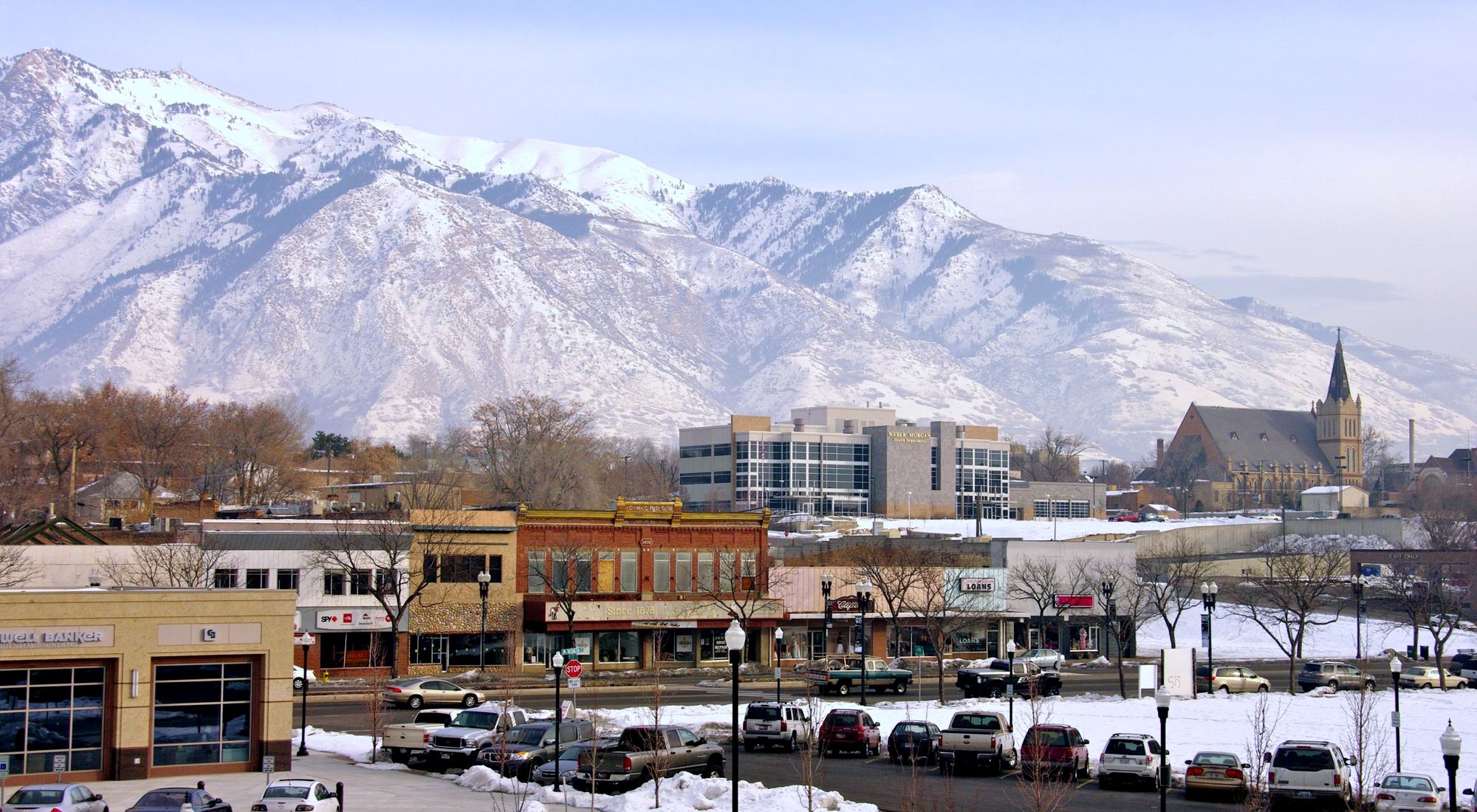 Northern Utah homes below the snow covered Wasatch mountains