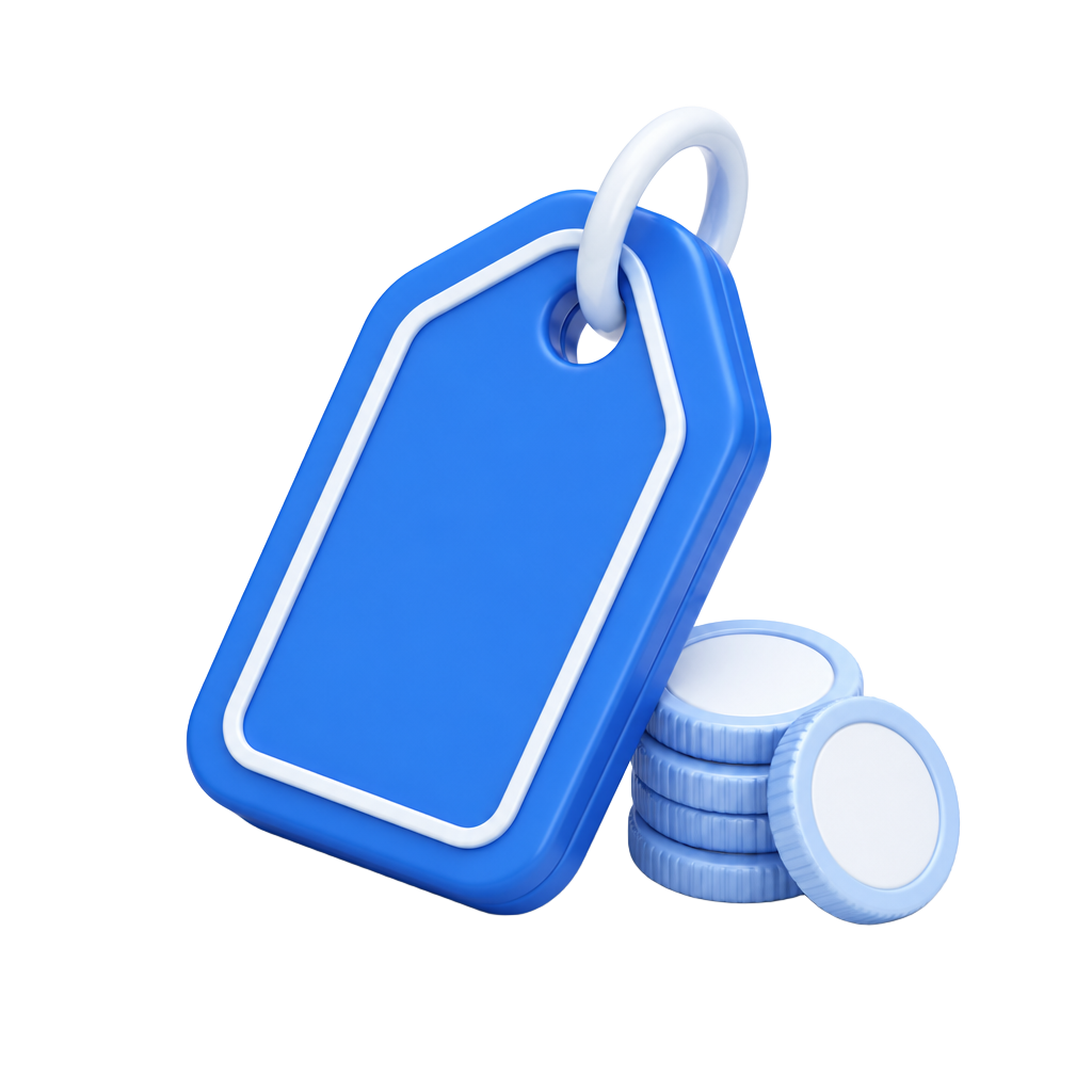 Blue price tag with coins
